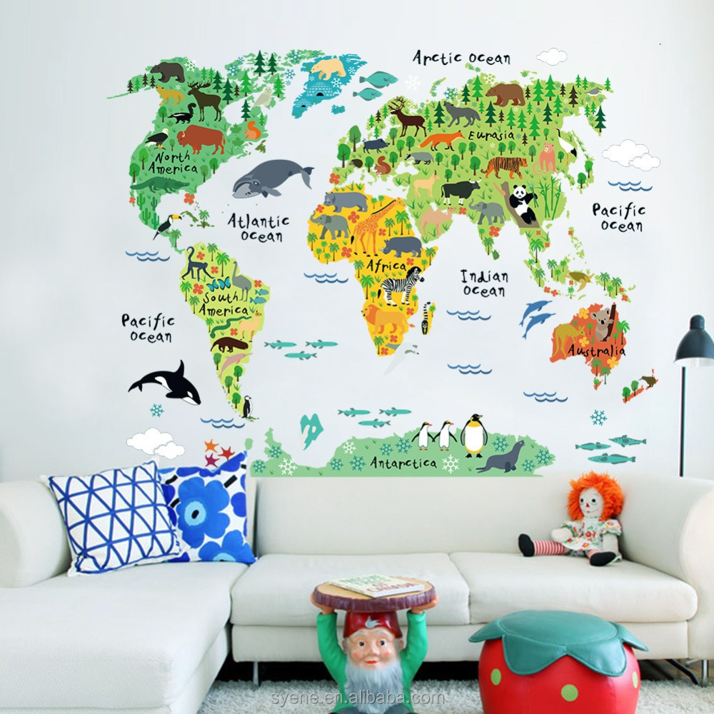 Cartoon wall sticker colourful world map wall stickers decal removable cartoon animation wall stickers for kids room home decor