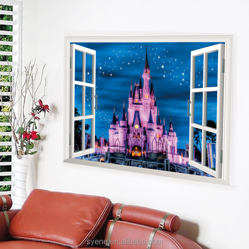 2024 New 3D creative fake window princess castle wall stickers decal pvc removable import wall sticker for kids baby nursery