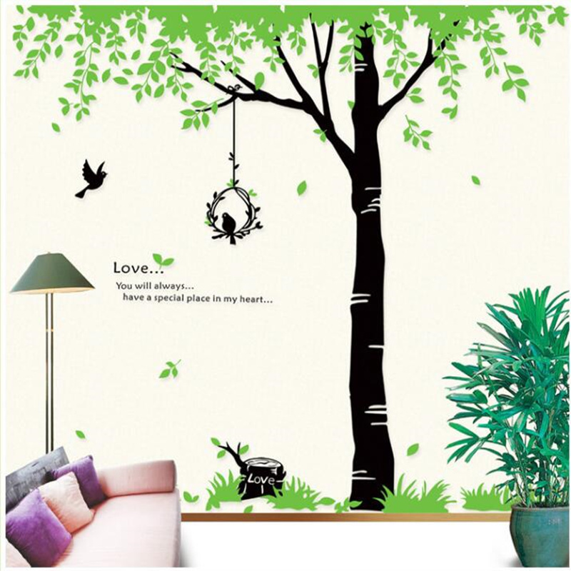 Extra Large Fresh Green Leaves Tree Birds Wall Stickers Mural Decal Giant Size Living Room/TV Background PVC DIY Stickers Art