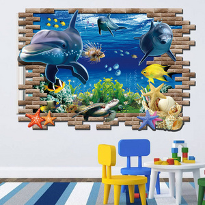 3D Broken Ocean Sea Dolphin Wall Decals Undersea World Scenery Background for Living Room or Bedroom Decoration Wall Stickers