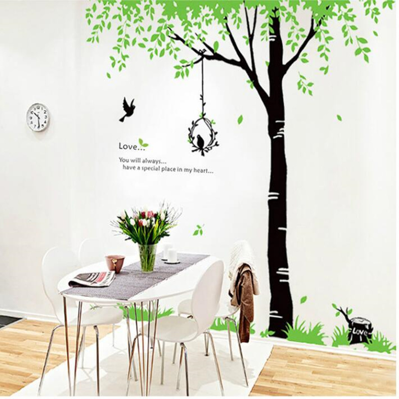 Extra Large Fresh Green Leaves Tree Birds Wall Stickers Mural Decal Giant Size Living Room/TV Background PVC DIY Stickers Art