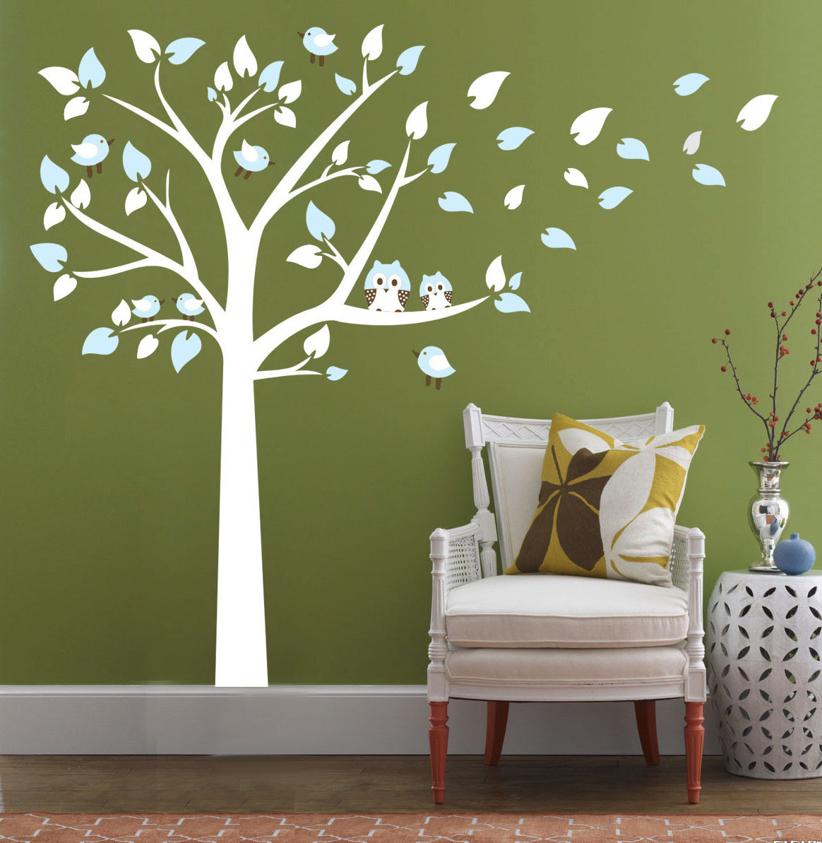 Owl And Branch Wall Sticker Birds Tree Wall Decal With Dragonflies for Baby Nursery Kids Children Room Wall Decoration