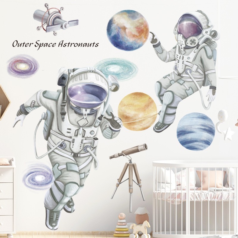 Baby Astronaut Spaceship Wall Sticker Cartoon Space Planet Wallpaper Boy Bedroom Decorative Wall Decal Kid's Home Decor