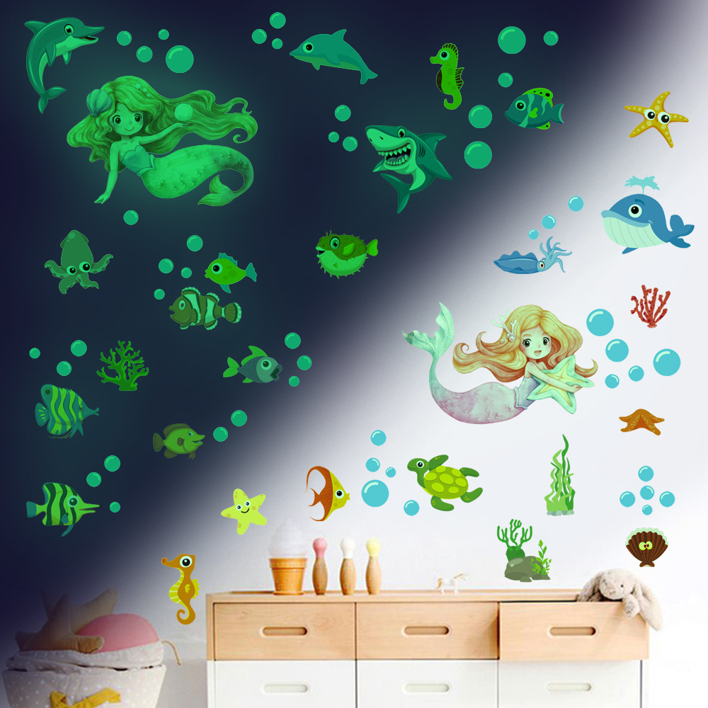 Luminous Underwater World Ocean Fish Shark Cartoon Wall Sticker Fluorescent Sticker Children's Room Decoration Sticker