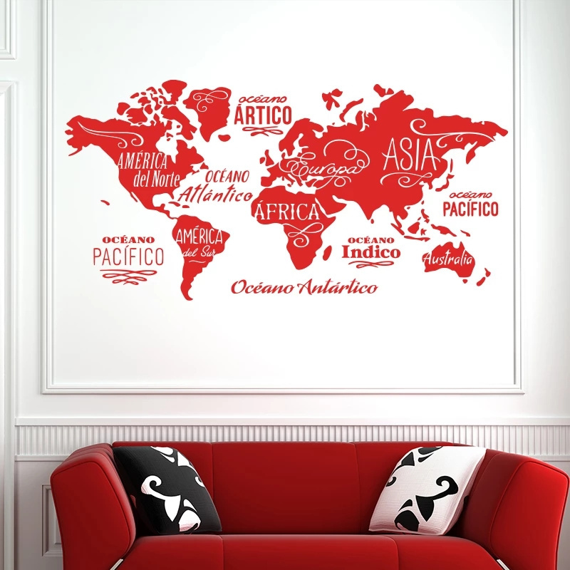 World map in words vinyl wall sticker Oceans and Continents in spanish home decor wall decals DIY house decor for living room