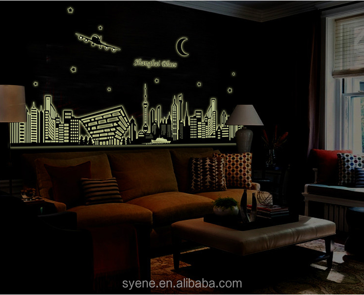 56*160cm 3d glow in the dark ceiling decorations shanghai night city shiny wallpaper home wall stickers decal nateru home decor