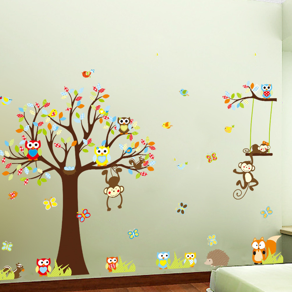 large tree animal wall stickers for kids room home decoration monkey owl zoo cartoon diy children baby home decal mural art