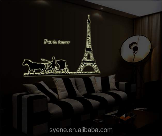 Glow in the dark wall decor paris Eiffel Tower wall sticker large decorative glow in the dark sticker paper room decor 3d decal