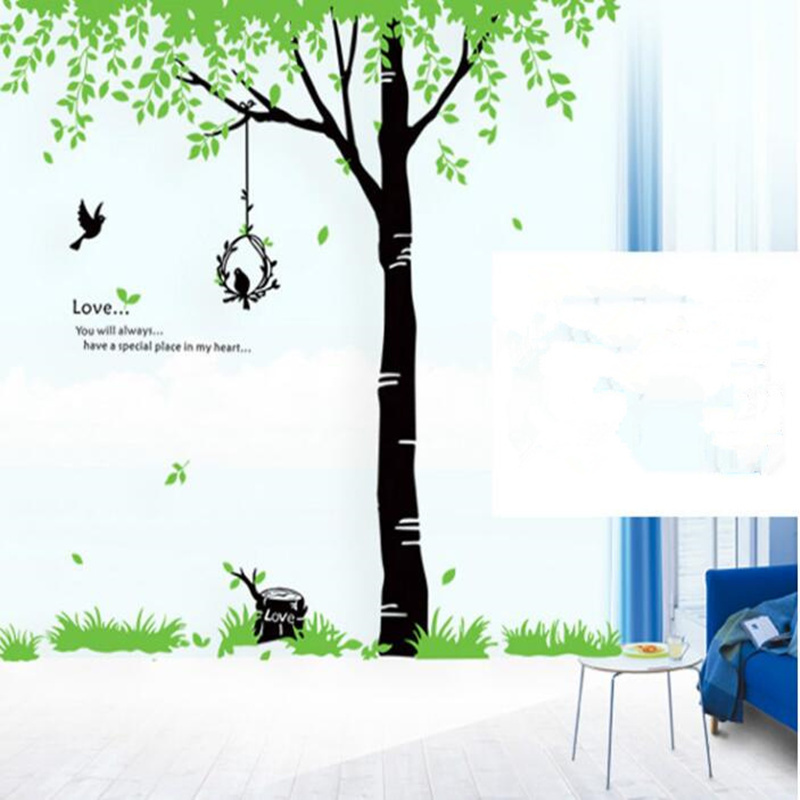 Extra Large Fresh Green Leaves Tree Birds Wall Stickers Mural Decal Giant Size Living Room/TV Background PVC DIY Stickers Art