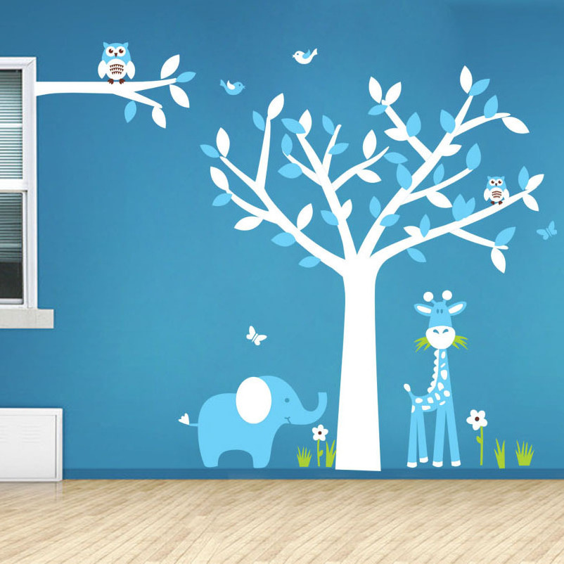 Cute Owls with Birds Stand on The Tree Wall Decals Tree Wall Decals Tree Wall Sticker for Kid Baby Nursery Room