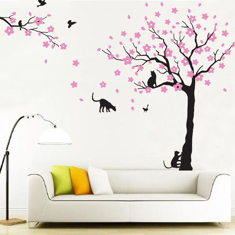 Large Cherry Blossom Tree With Cat Wall Decals Sticker Vinyl Wall Art Kids Rooms Girls Boys Home Decor Modern Wallpaper