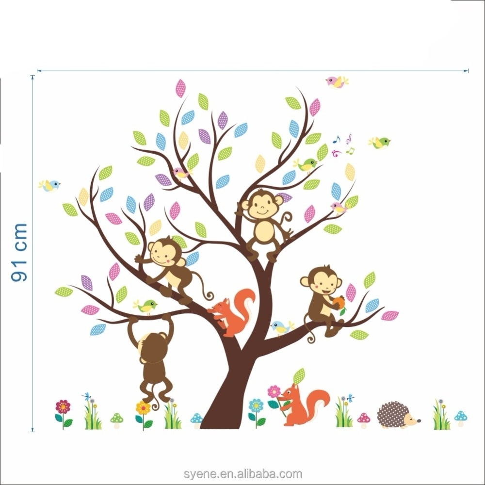 Syene cartoon cute monkey forest animals family tree wall sticker decal 3d kids room wallpapers home decor for baby nursery