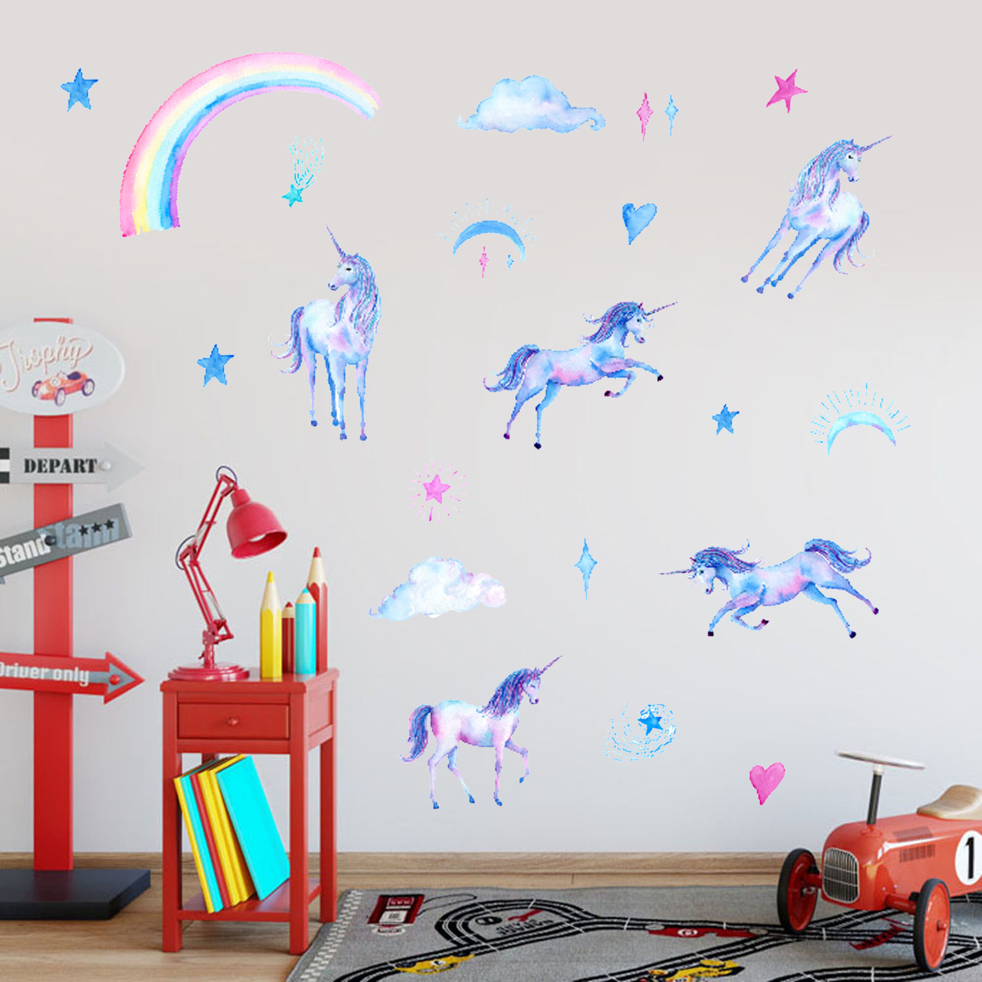 Nordic ins hand-painted love rainbow unicorn star children's room wall stickers bedroom decoration