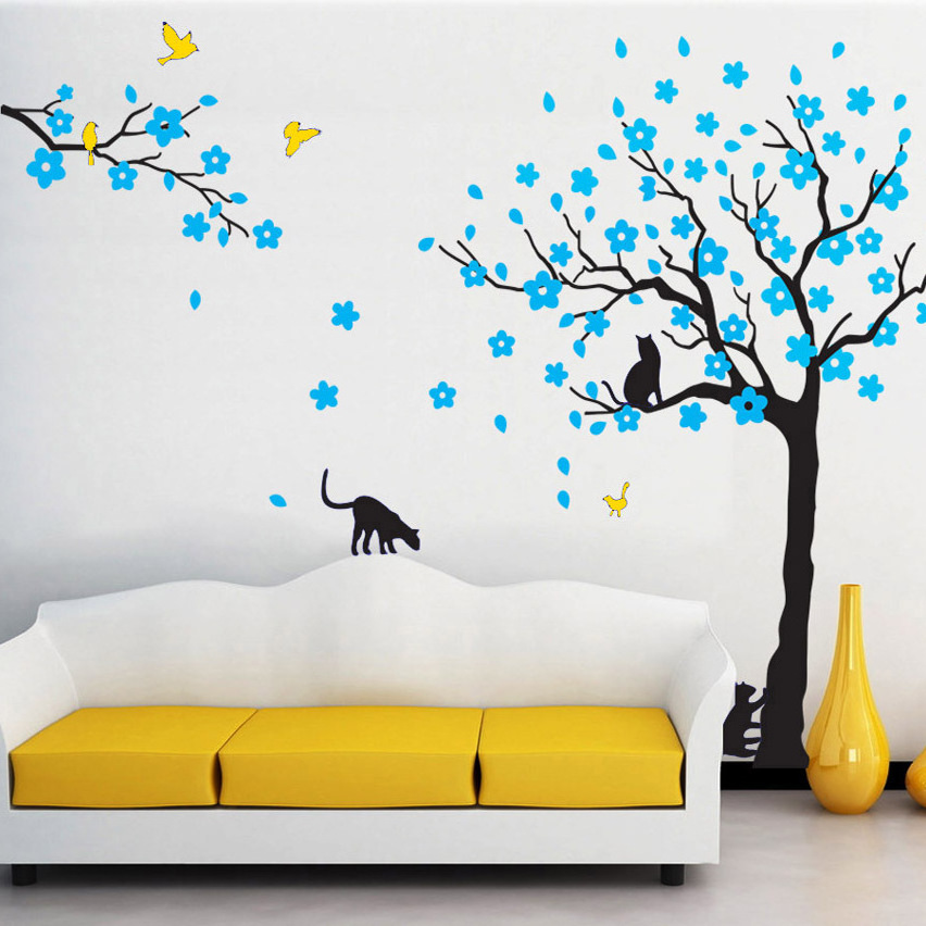 Large Cherry Blossom Tree With Cat Wall Decals Sticker Vinyl Wall Art Kids Rooms Girls Boys Home Decor Modern Wallpaper