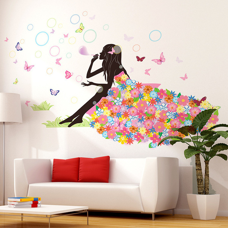 3d Fairy Girl Wall Stickers DIY Butterflies Flowers Mural Decals for House Kids Room Baby Bedroom Decoration