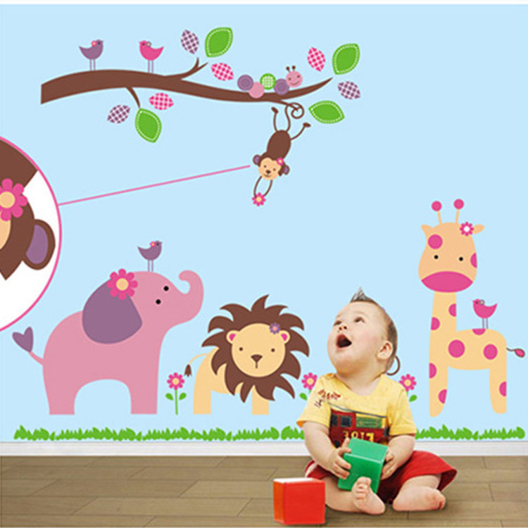 Cartoon Animals Wall Stickers DIY Lion Tiger Monkey Mural Decals for Kids Room Baby Bedroom Home Decoration