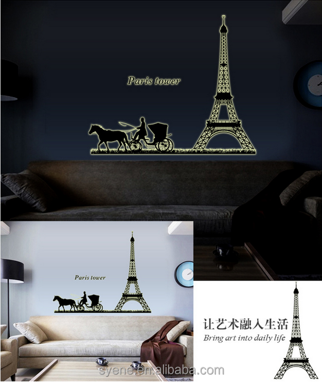 Glow in the dark wall decor paris Eiffel Tower wall sticker large decorative glow in the dark sticker paper room decor 3d decal