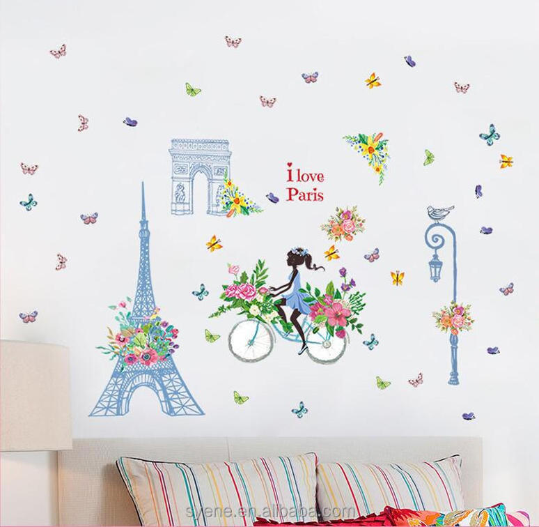 Syene Romantic flower Paris Wall Sticker For Kids Rooms Eiffel Tower Flower Fairy Riding Home Decor wallpaper