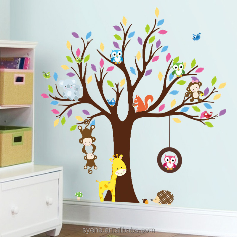 Syene new cartoon cute owl scroll tree XL jungle forest animals kids baby nursery room wall decal stickers waterproof wallpaper