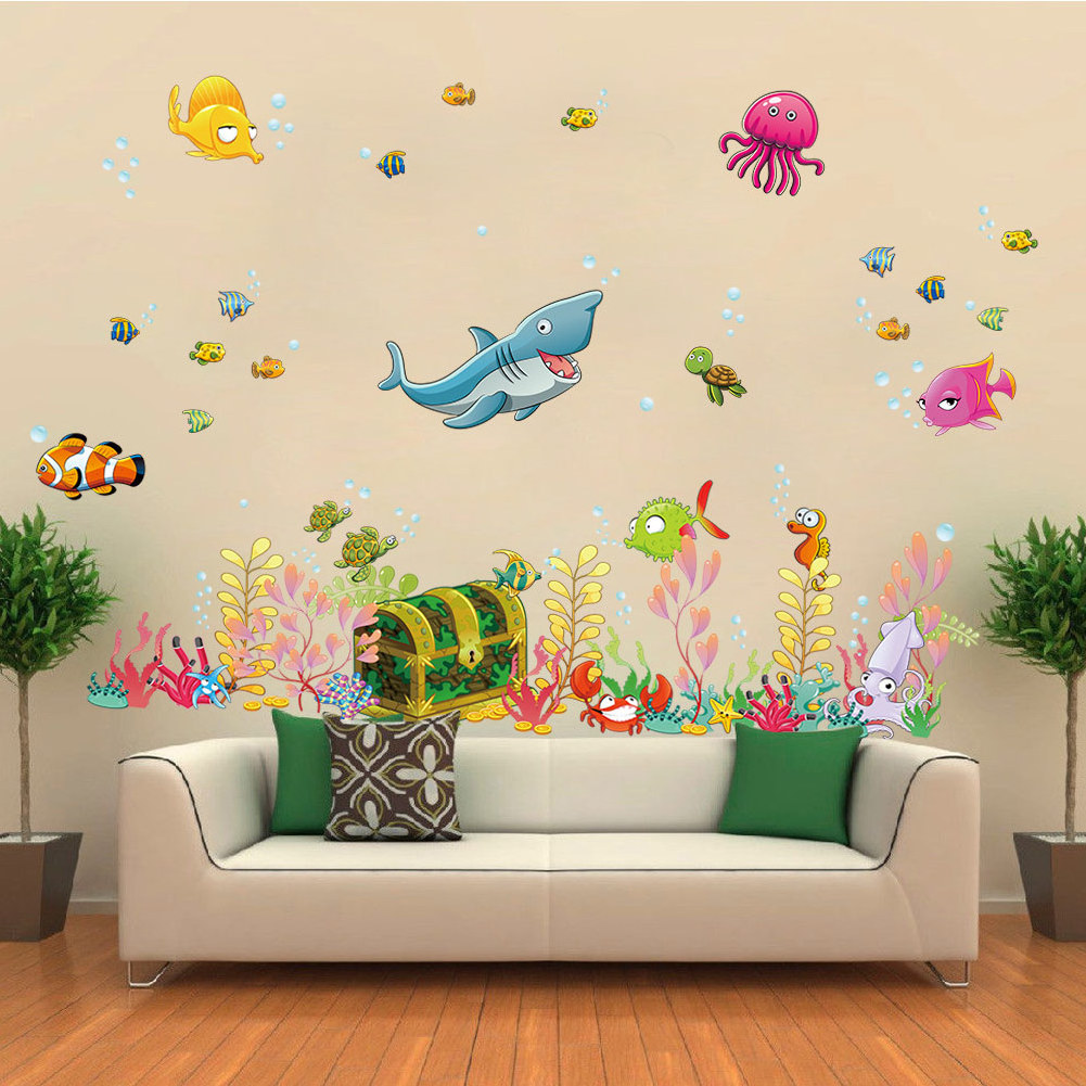 under the Sea Adventure Wall Decals 3D Fish Underwater Stickers Wood and PVC for Kids Bedroom Nursery Bathroom Wall Decor