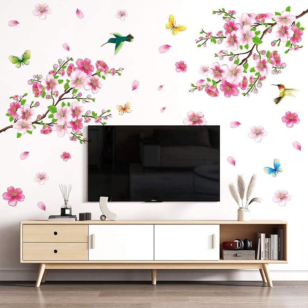 Pink Cherry Blossom Peach Blossom Wall Sticker Floral Butterfly Birds Art Deco Tree Branch Flower Wall Decor Paper Bedroom