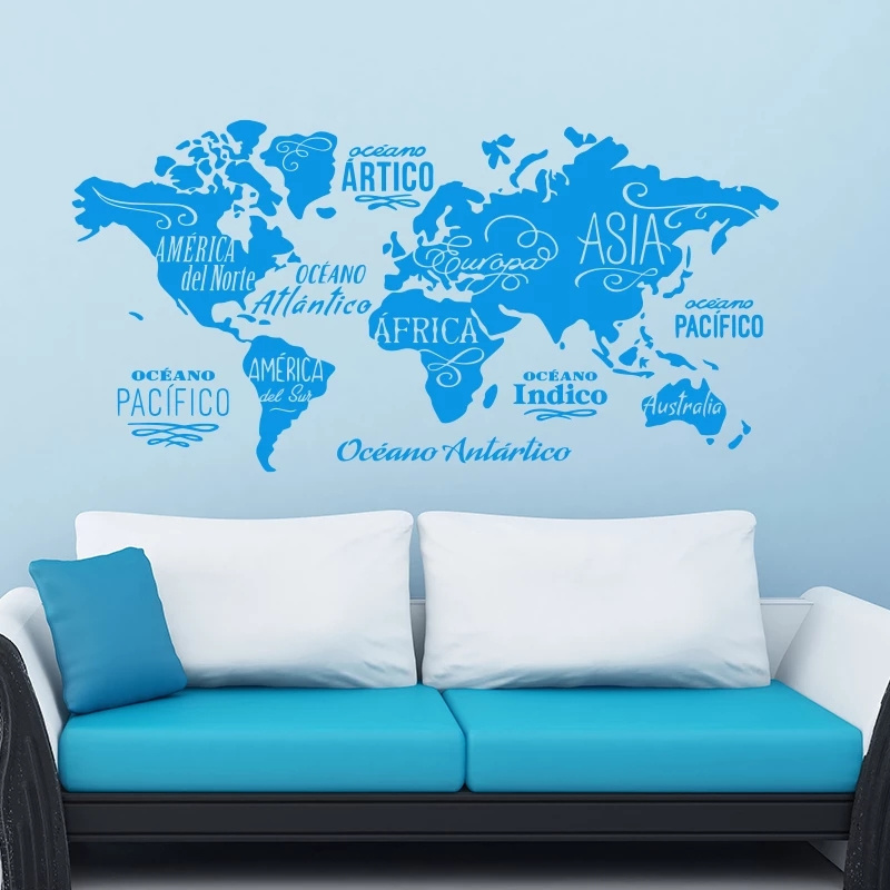 World map in words vinyl wall sticker Oceans and Continents in spanish home decor wall decals DIY house decor for living room