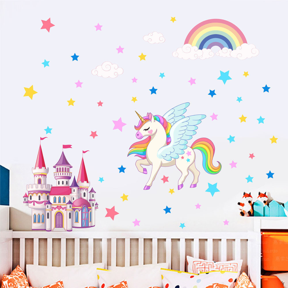 Unicorn Castle Star Rainbow Wall Sticker Children's Room Bedroom Decorative Sticker Self-Adhesive Graffiti Decorative Painting