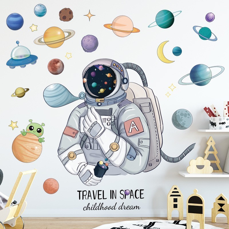 Boy's Bedroom Mural Art Acrylic Wallpaper Home Decor Wall Decals Creative DIY Space Planet Astronaut Wall Sticker For Kids Room