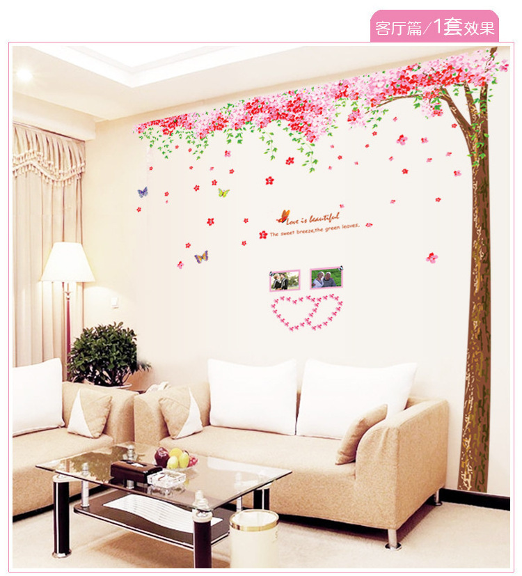 Cherry Flowers Tree Wall Stickers Cartoon Deer Mural Pink Decals for House Living Room Kids Girl Bedroom Decoration