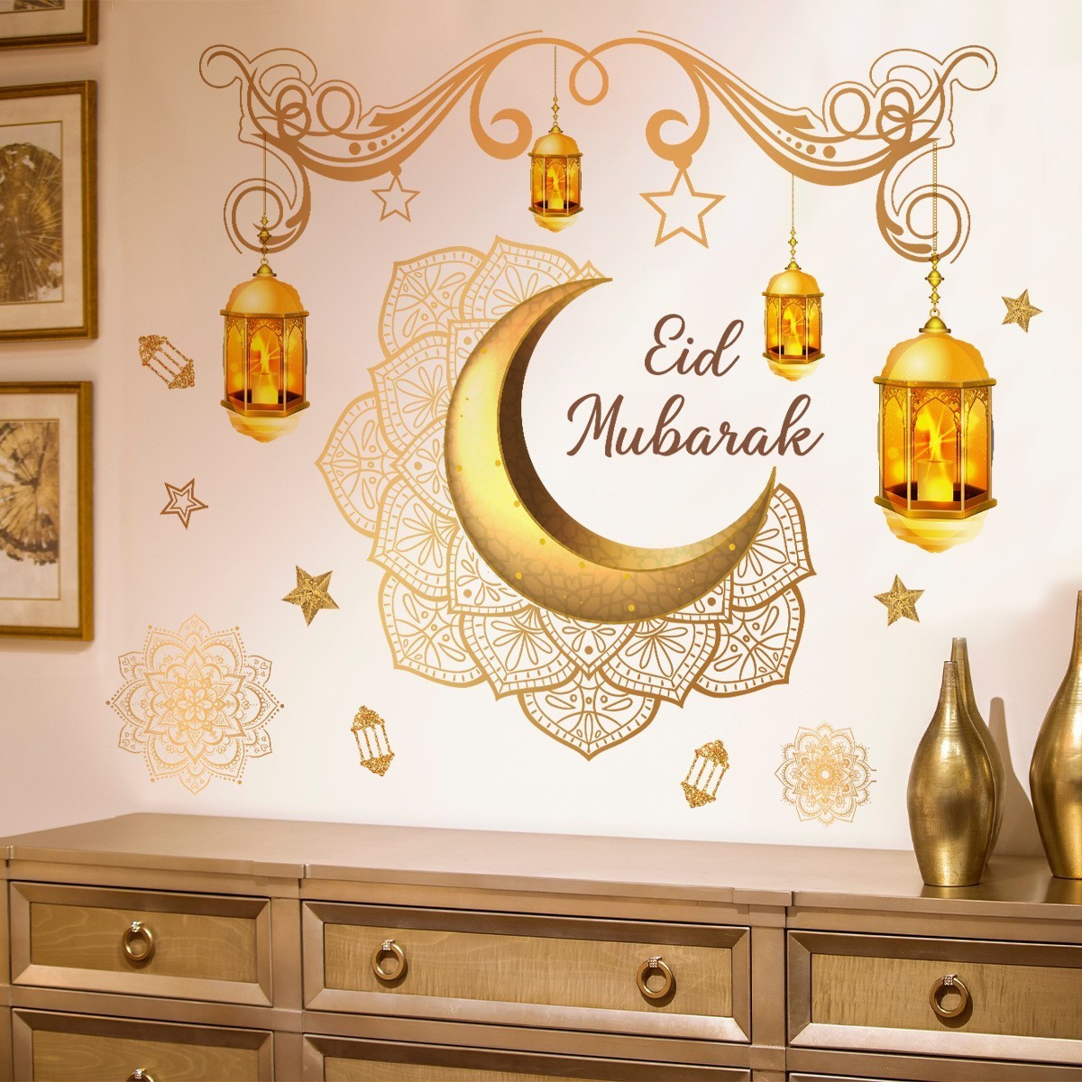 Islamic Muslim Decoration Ramadan Kareem PVC Wall Sticker Crescent Star Lamp Pattern Wall Sticker for Bedroom Living Room