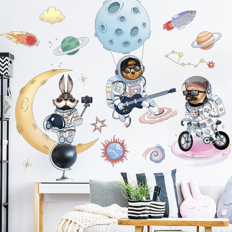 Boy's Bedroom Mural Art Acrylic Wallpaper Home Decor Wall Decals Creative DIY Space Planet Astronaut Wall Sticker For Kids Room