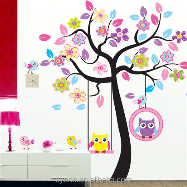 3D Removable Wallpaper Owls Tree Wall Stickers For Kids Rooms Decal Colourful Tree Hanging Owl Bids wall Decal stickers Murals