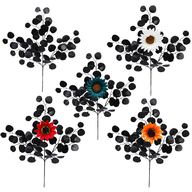 Hot selling Halloween Black Collection Artificial Money Leaf Eucalyptus Flower Bouquet Halloween party event decorations