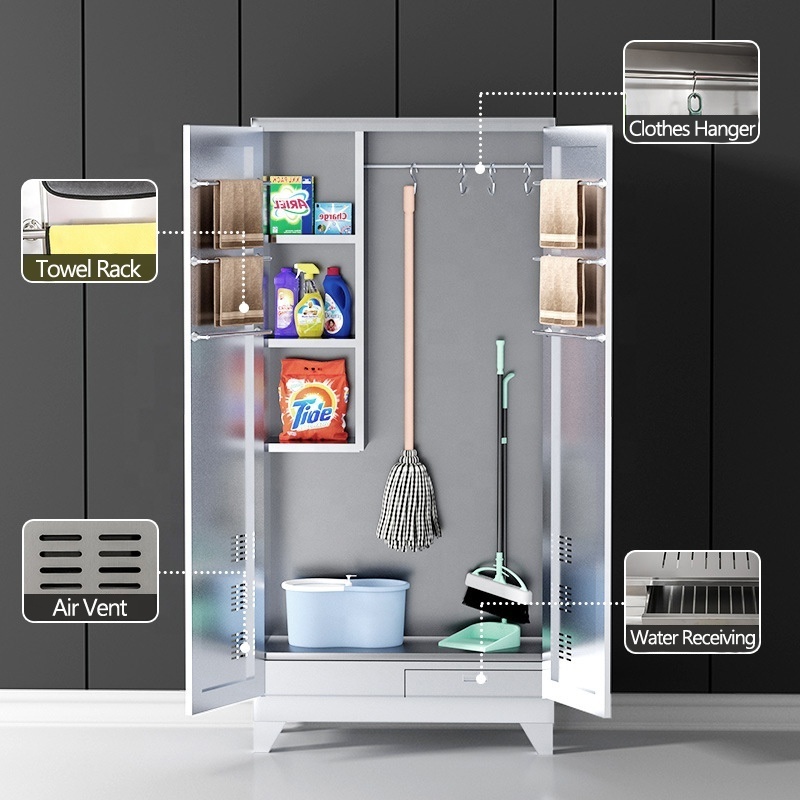 Cleaning Cabinet 201/304 Stainless Steel Fireproof Sanitary Ware Lockers Mop, broom, Cleaning Tool Storage Cabinet