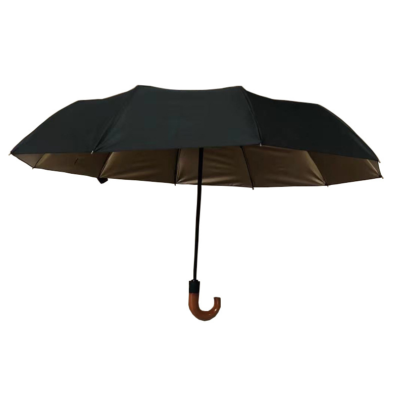 JIEMEI High quality 21inch*8k 190T pongee fabric with golden coating with wooden J handle 3 folding umbrella foldable umbrella