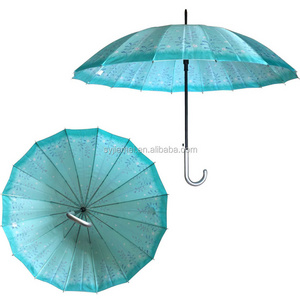 22"*16k stick umbrella with green color satin fabric straight umbrella