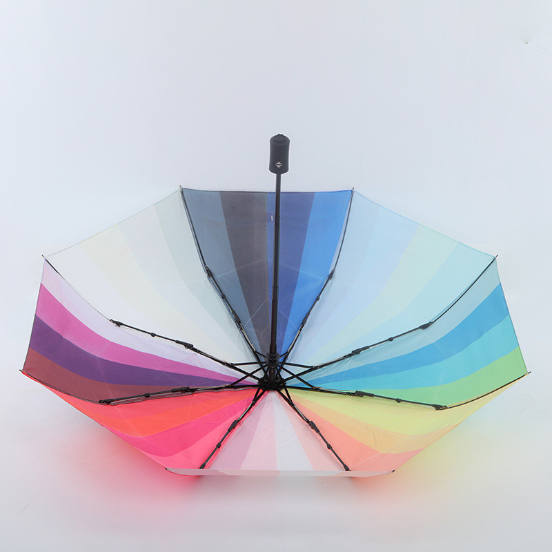 53.5cm Full Automatic  Rubber Coating Handle Fiberglass Frame Windproof Rainbow Colorful Pongee Fabric 3 Three Folding Umbrella