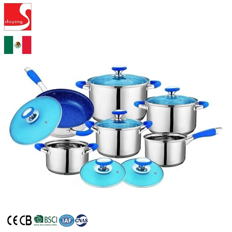 SY-Kitchenware 12pcs cookware set Mexico pots and pans set stainless steel blue glass lid non stick