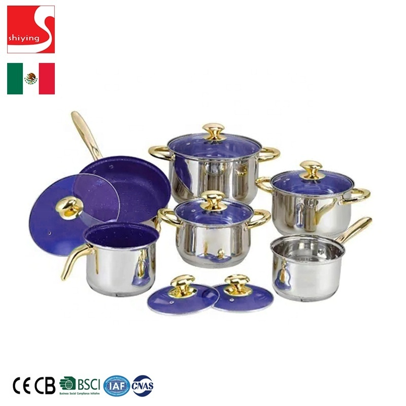 SY-Kitchenware 12pcs cookware set Mexico pots and pans set stainless steel blue glass lid non stick