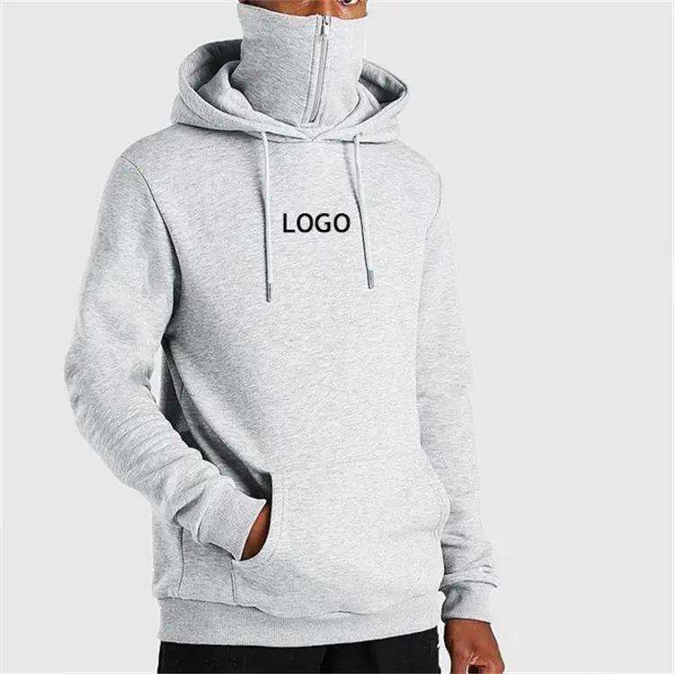 Men Hoodies High Quality Custom Print Logo Kangaroo Pocket Zip Snood Long Neck Mask Running Slim Fit Hoodie