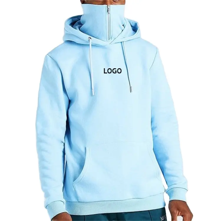 Men Hoodies High Quality Custom Print Logo Kangaroo Pocket Zip Snood Long Neck Mask Running Slim Fit Hoodie