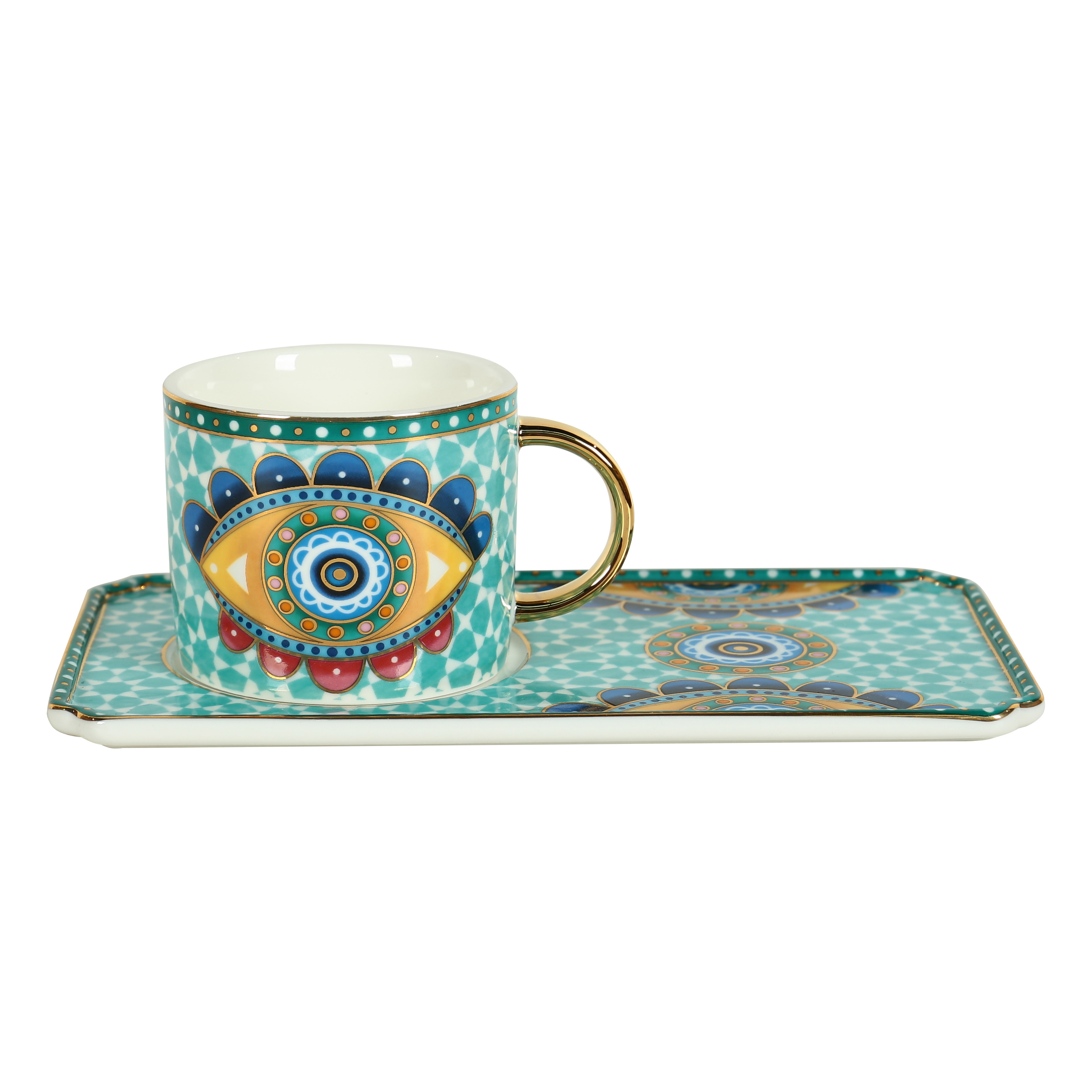 Sylvan OEM Evil Eye Creative Ceramic wholesale Luxury gold rim porcelain coffee cups saucers Mug with rectangle plate set