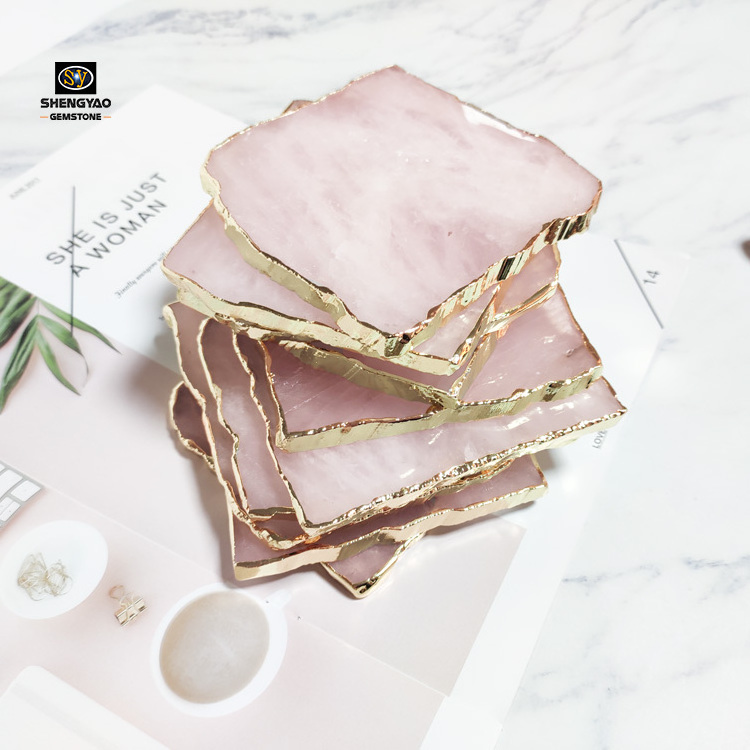 Wholesale Natural Gemstone Stone Slices Rose Quartz Coasters Set 6 Piece