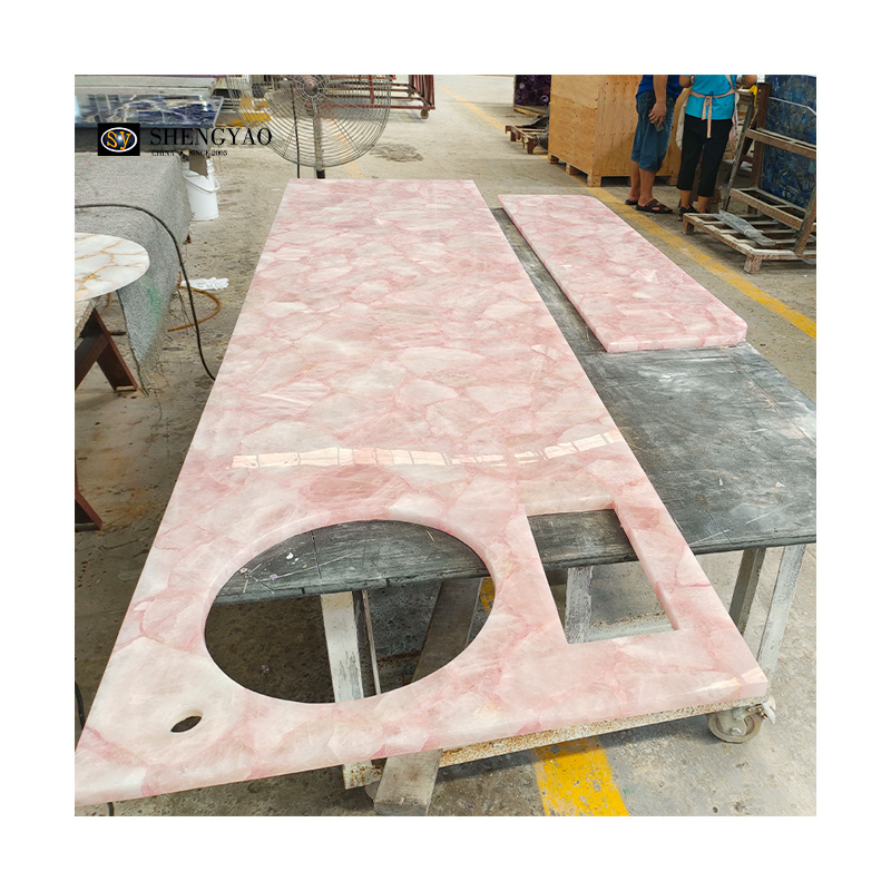 Customized Luxury Gemstone Pink Marble Crystal Rose Quartz Kitchen Counter Top