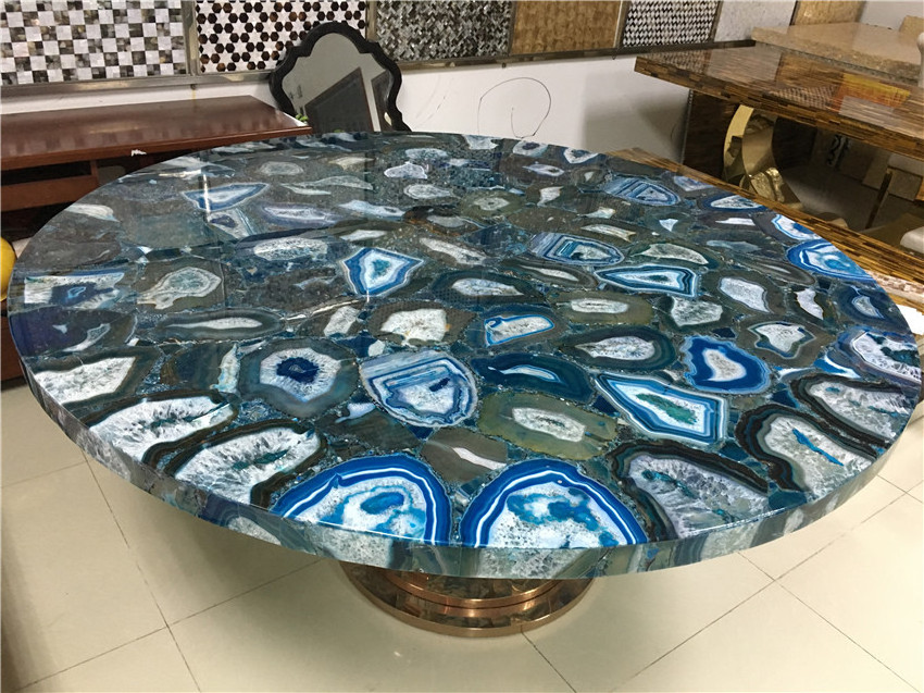 Blue marble stone table top semi precious stone round agate countertop