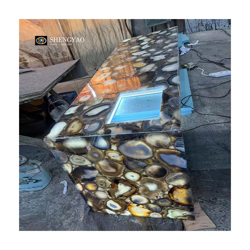 Custom Backlit Grey Agate Sink Translucent Brown Agate Stone Quartz Kitchen Countertop