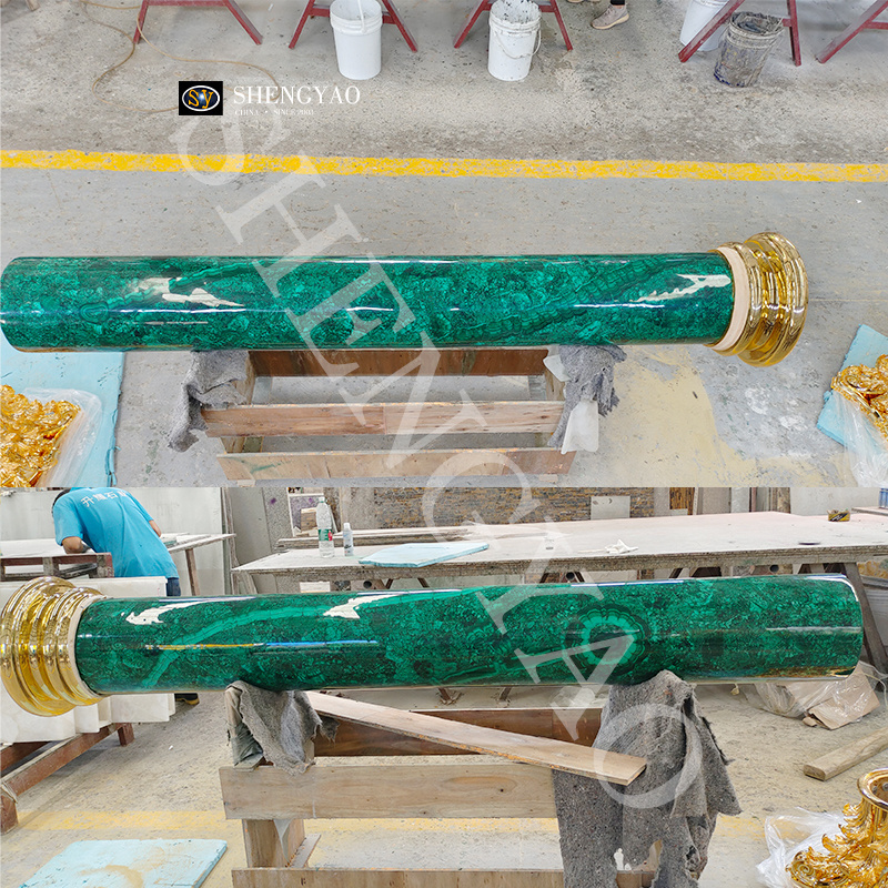 Interior Polished Brass Base Natural Malachite Stone Columns & Pillars