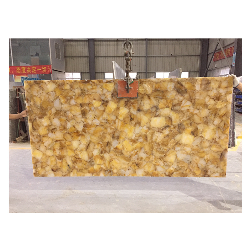 Luxury Polished Solid Surface Crystal Quartz Citrine Yellow Marble Slab For Countertop/Wall Decoration