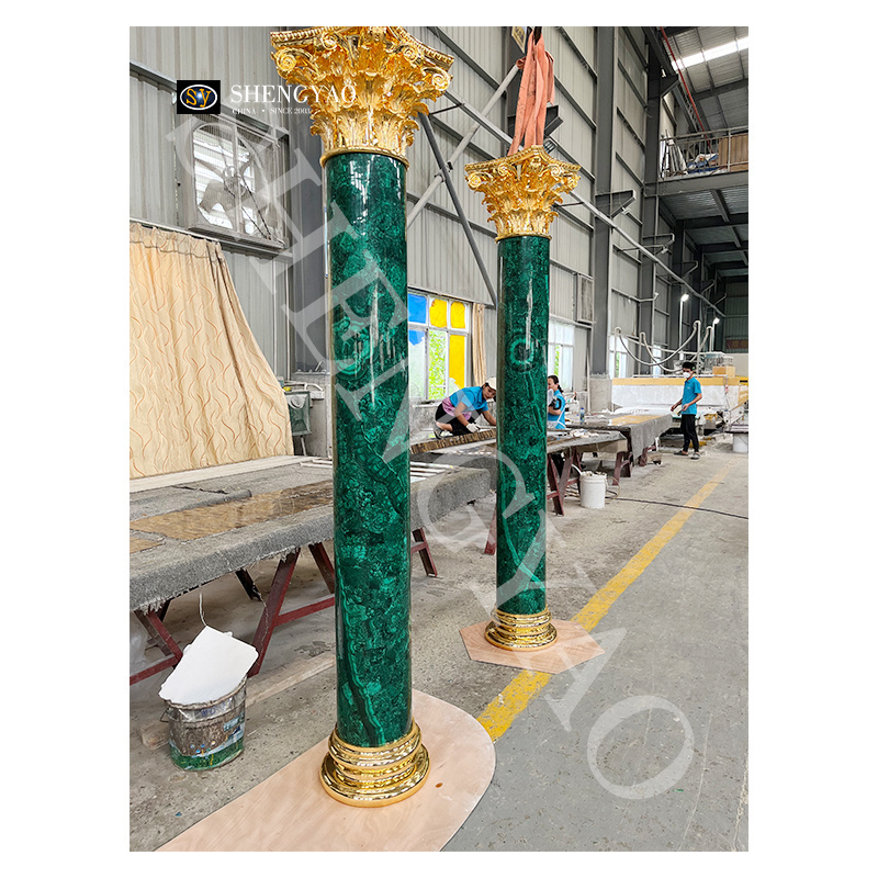 Interior Polished Brass Base Natural Malachite Stone Columns & Pillars