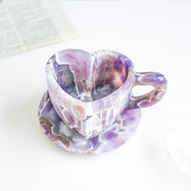 Natural Hand Carved Heart Shape Crystal Quartz Healing Dream Amethyst Cup